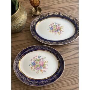 Oval Platters 2 Century By Salem 23 Karat Gold Encrusted Aristocrat Cobalt Blue